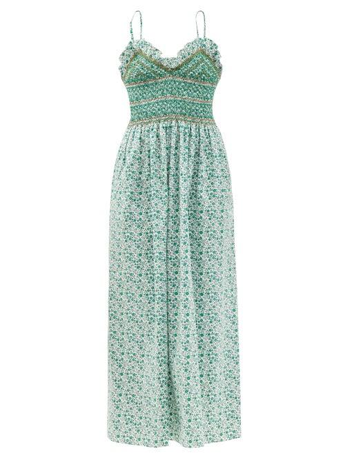 Ladies Beachwear Loretta Caponi - Bianca Smocked Floral-print Cotton-poplin Dress - Womens - White Print