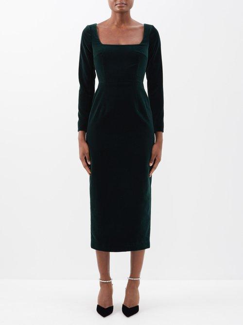 Emilia Wickstead - Nyla Square-neck Cotton-velvet Midi Dress - Womens - Dark Green