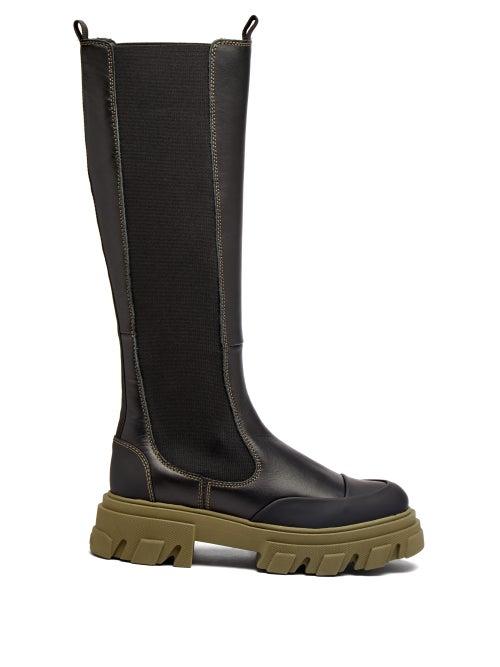 Ganni - Chunky Leather Knee-high Boots - Womens - Black Green