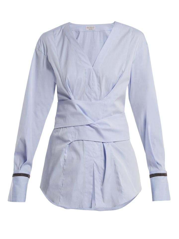 Brunello Cucinelli Embellished-cuff Stretch-cotton Wrap Top