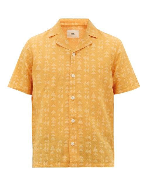 Matchesfashion.com Folk - Cuban-collar Triangle-print Linen-blend Shirt - Mens - Gold Multi