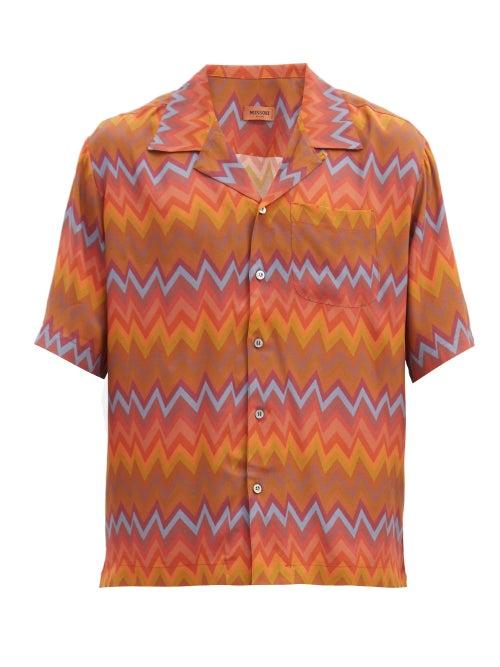 Matchesfashion.com Missoni - Cuban-collar Zigzag-print Crepe Shirt - Mens - Orange Multi