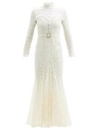 Matchesfashion.com Alessandra Rich - Crystal-embellished Cotton-blend Guipure-lace Gown - Womens - White