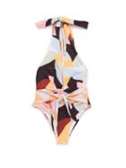 Matchesfashion.com Self-portrait - Plunge Halterneck Geometric-print Swimsuit - Womens - Multi