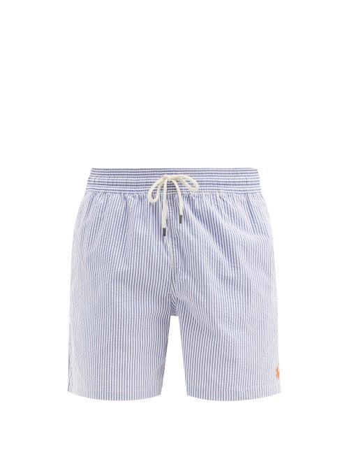 Matchesfashion.com Polo Ralph Lauren - Traveller Logo-embroidered Seersucker Swim Shorts - Mens - Blue White