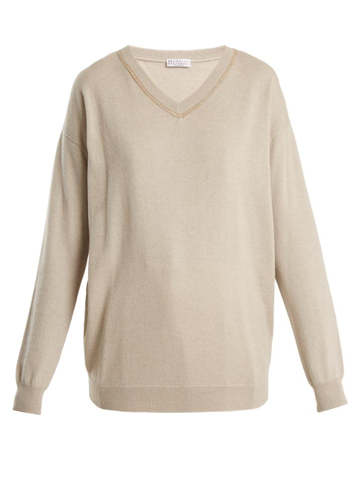 Brunello Cucinelli Embroidered V-neck Cashmere Sweater