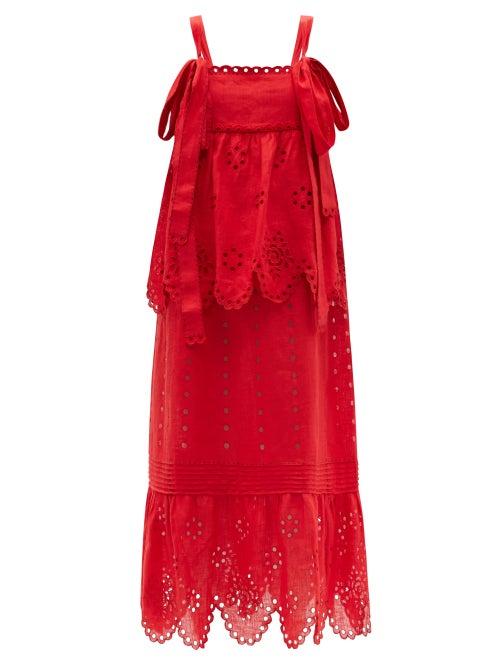 Ladies Rtw Vita Kin - Colette Tiered Broderie-anglaise Linen Dress - Womens - Red