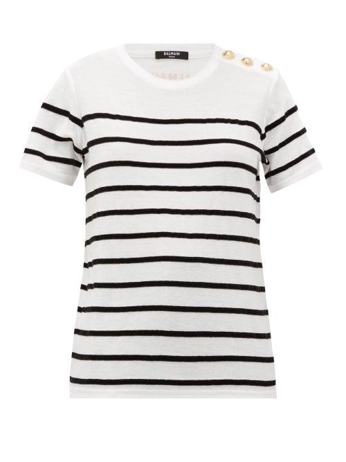 Matchesfashion.com Balmain - Flocked-stripe Cotton-jersey T-shirt - Womens - White Black
