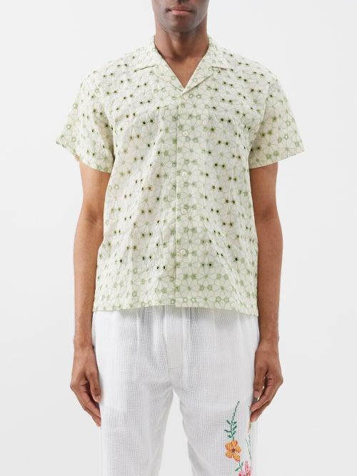 Harago - Embroidered-eyelet Cotton Shirt - Mens - White Green