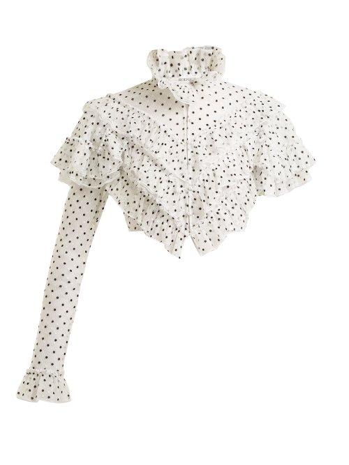 Matchesfashion.com Rodarte - Flocked Polka Dot Ruffle Blouse - Womens - White Black