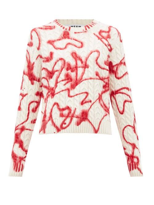 Matchesfashion.com Msgm - Graffiti Print Cable Knit Sweater - Womens - Red White