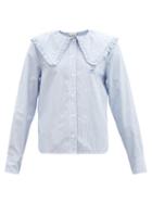 Matchesfashion.com Ganni - Peter-pan Collar Striped Cotton Blouse - Womens - Blue White