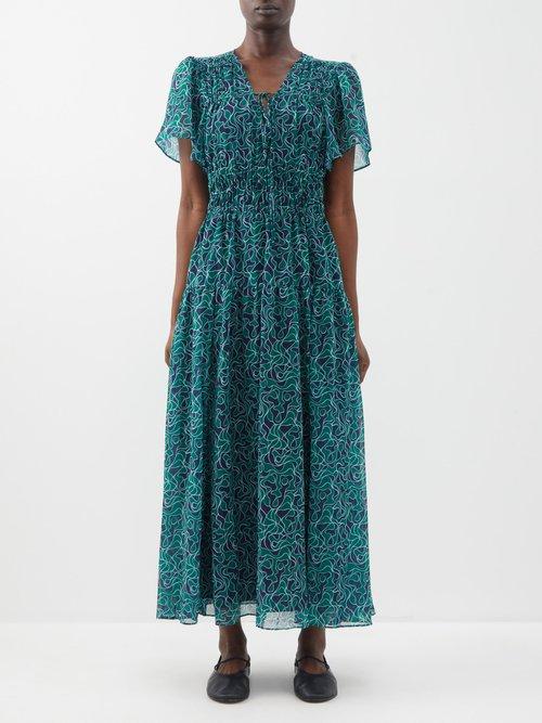 La Ligne - Eleanore Squiggle-print Georgette Dress - Womens - Dark Green Multi