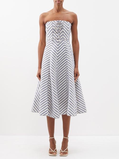 Zimmermann - High Tide Laced-bodice Cotton-blend Midi Dress - Womens - Navy Stripe