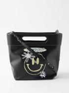 Ganni - Smiling Face-print Small Leather Tote Bag - Womens - Black Multi