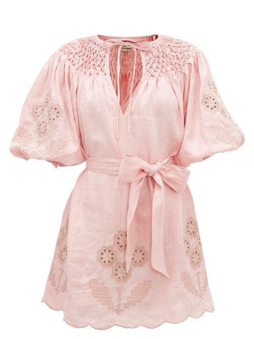 Matchesfashion.com Innika Choo - Smocked Broderie-anglaise Linen Dress - Womens - Light Pink
