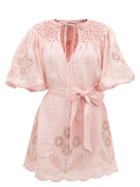 Matchesfashion.com Innika Choo - Smocked Broderie-anglaise Linen Dress - Womens - Light Pink