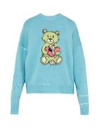 Matchesfashion.com Amiri - Teddy Appliqu Cotton Blend Knitted Sweater - Mens - Light Blue