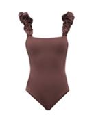 Matchesfashion.com Maygel Coronel - Denise Structured-ruffle Shoulder Swimsuit - Womens - Brown
