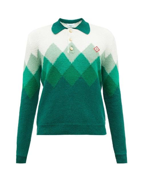 Casablanca - Diamond-jacquard Cotton-blend Boucl Polo Sweater - Mens - Green