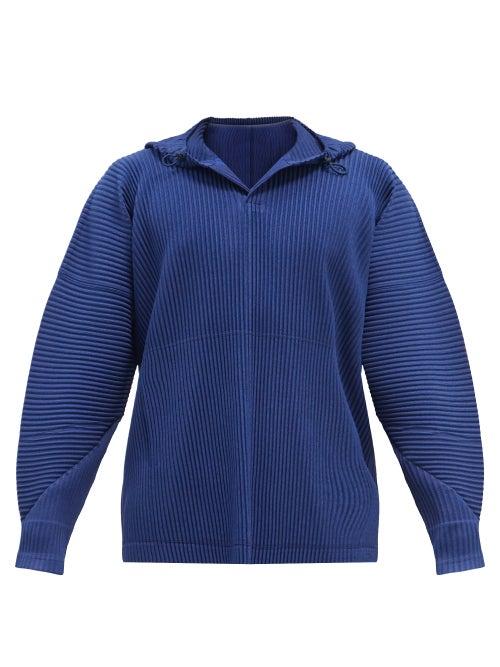 Mens Rtw Homme Pliss Issey Miyake - Zip-through Technical-pleated Hooded Sweatshirt - Mens - Blue