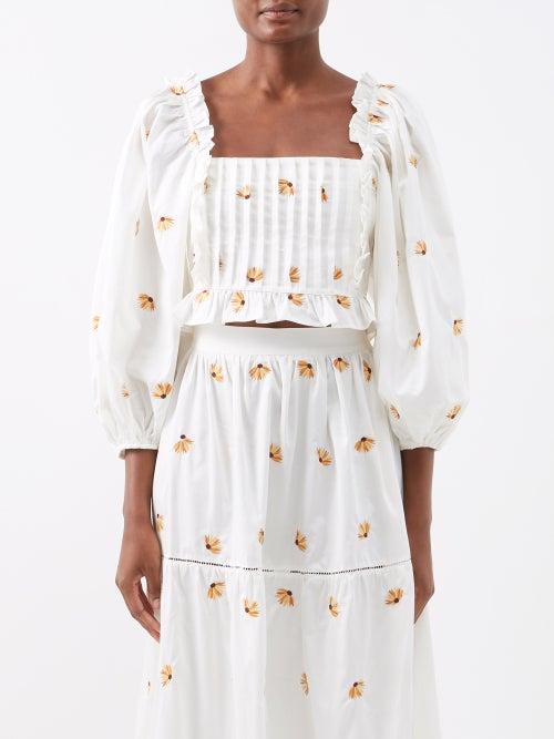 Lug Von Siga - Daphne Square-neck Embroidered-cotton Top - Womens - White Multi