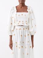 Lug Von Siga - Daphne Square-neck Embroidered-cotton Top - Womens - White Multi