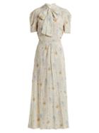 Matchesfashion.com Miu Miu - Floral Print Crepe De Chine Dress - Womens - Light Blue