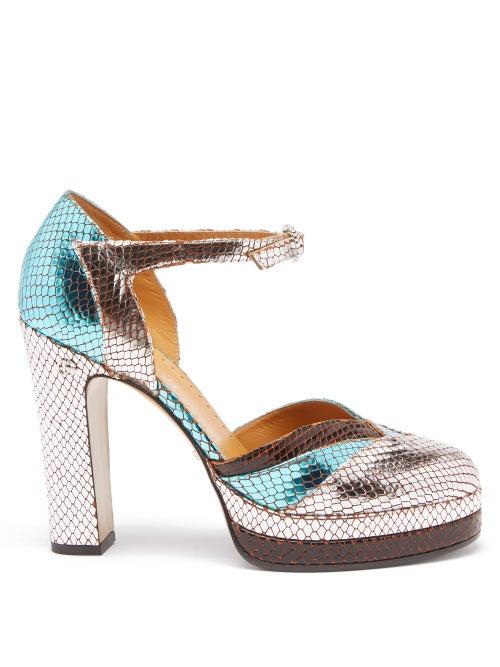 Ladies Shoes Gucci - Snake-effect Metallic Leather Pumps - Womens - Silver Multi