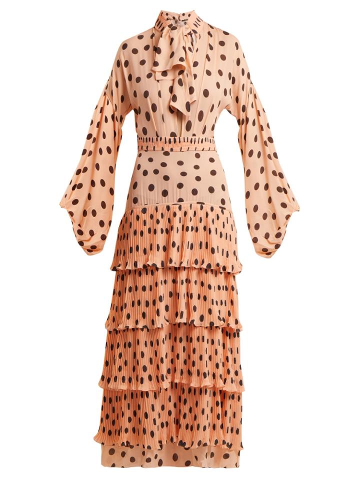 Johanna Ortiz Tiered Pleated Silk Polka-dot Dress