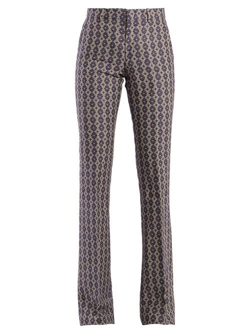 Matchesfashion.com Gucci - Mid Rise Flared Linen Blend Jacquard Trousers - Womens - Blue