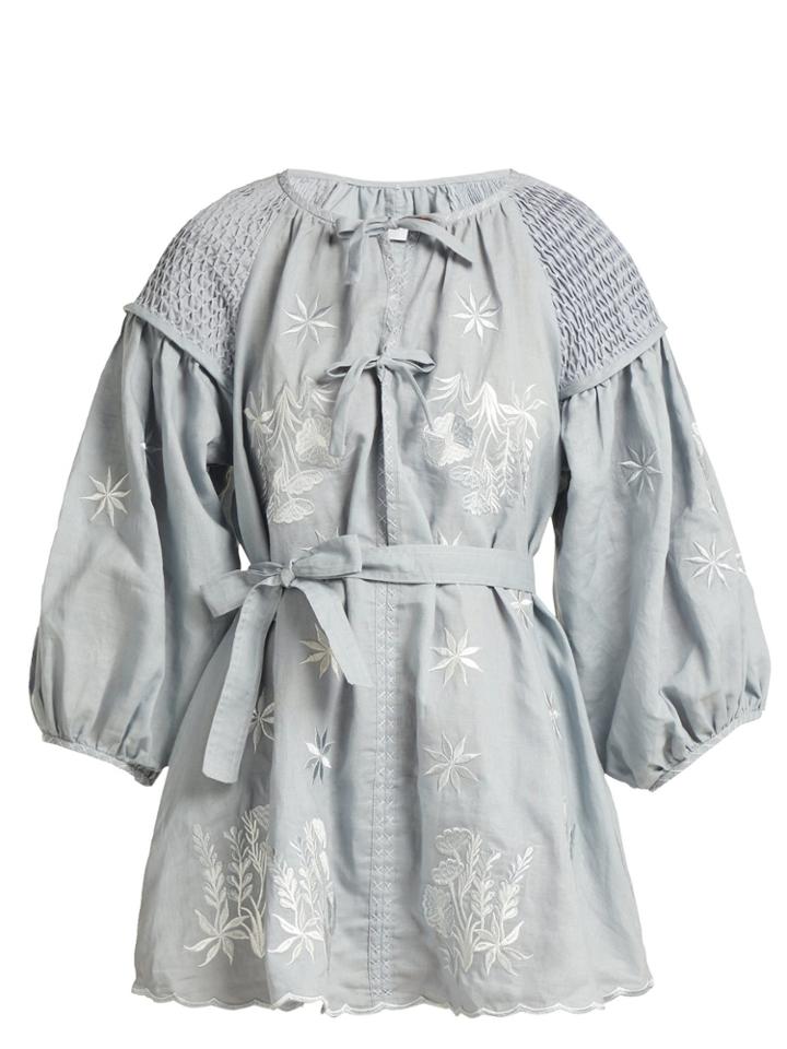 Innika Choo Smocked Embroidered Linen Dress