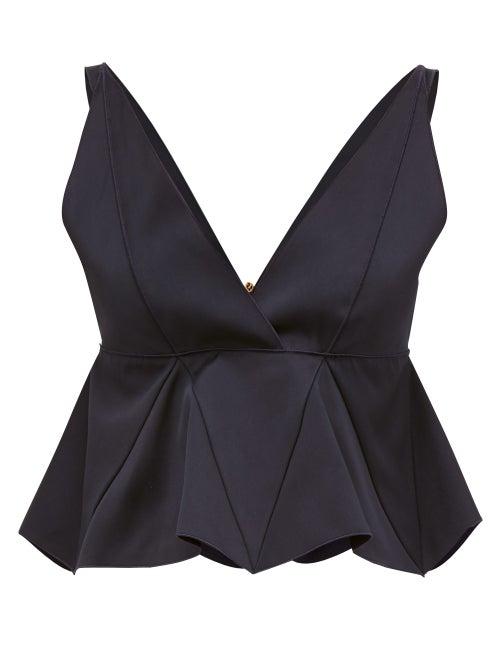 Matchesfashion.com Maison Rabih Kayrouz - V Neck Fluted Satin Cropped Top - Womens - Navy