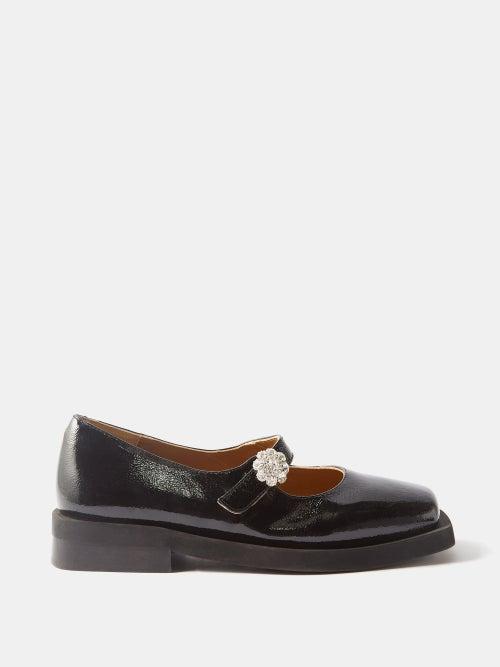 Ganni - Crystal-button Patent-leather Mary Jane Loafers - Womens - Black
