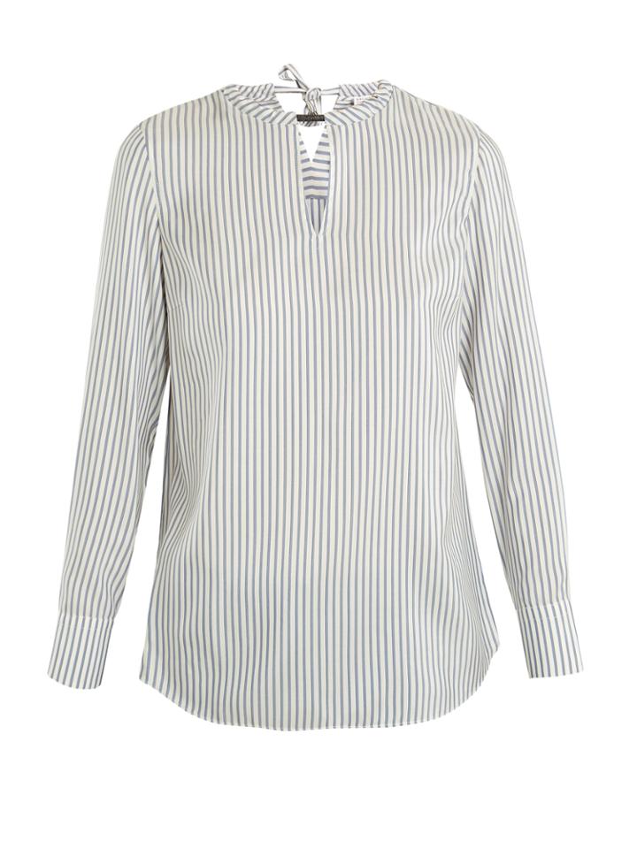 Brunello Cucinelli Neck-embellished Striped Silk Blouse