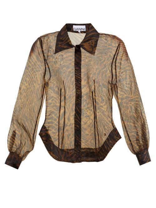 Matchesfashion.com Ganni - Zebra Print Smooth Peplum Organza Blouse - Womens - Brown