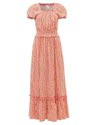 Loretta Caponi - Stefania Floral-print Striped Midi Dress - Womens - Red Print