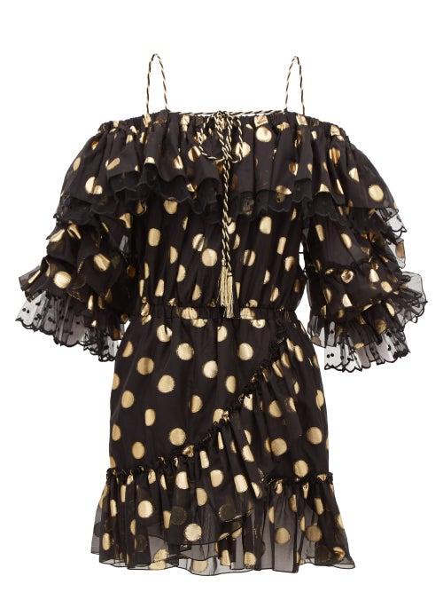 Matchesfashion.com Dundas - Off-the-shoulder Polka-dot Silk-blend Mini Dress - Womens - Black Gold