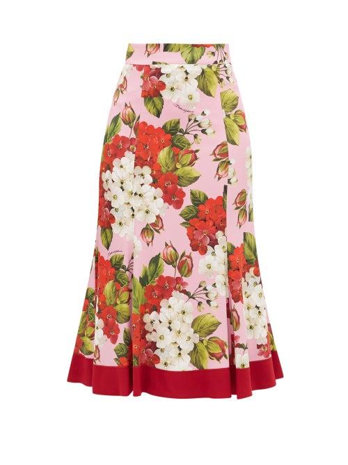 Matchesfashion.com Dolce & Gabbana - Geranium-print Silk-blend Charmeuse Midi Skirt - Womens - Red Print