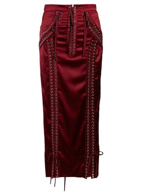 Matchesfashion.com Dolce & Gabbana - Lace Up Satin Midi Skirt - Womens - Burgundy