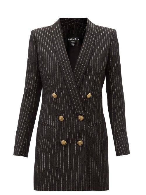 Matchesfashion.com Balmain - Double-breasted Pinstriped Wool-blend Blazer Dress - Womens - Black Stripe