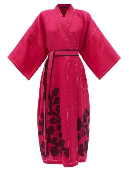 Vita Kin - Mitsuko Floral-appliqu Linen Wrap Dress - Womens - Pink