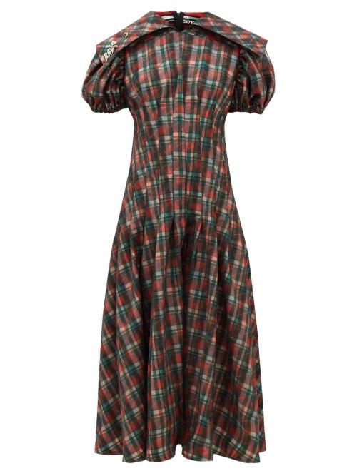 Matchesfashion.com Chopova Lowena - Balloon-sleeve Tartan-print Organza Dress - Womens - Brown Multi