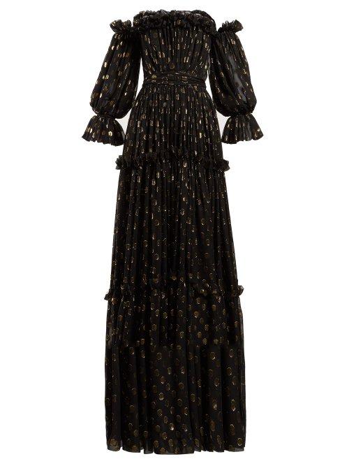 Matchesfashion.com Dolce & Gabbana - Ruffle Off The Shoulder Silk Blend Gown - Womens - Black Gold