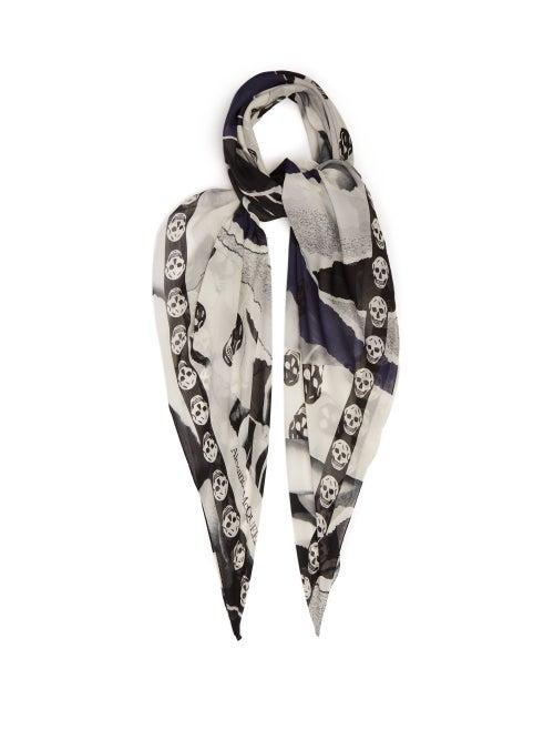 Matchesfashion.com Alexander Mcqueen - Skull & Rose Print Silk Blend Chiffon Scarf - Womens - Black