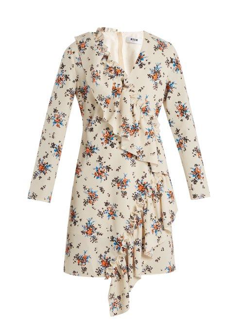 Matchesfashion.com Msgm - Asymmetric Ruffle Floral Print Crepe Dress - Womens - White