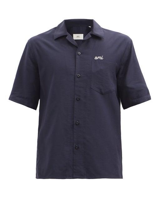 Mens Rtw Ami - Logo-embroidered Short-sleeved Poplin Shirt - Mens - Navy