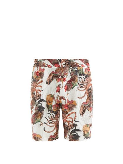 Mens Rtw Nipoaloha - Cockerel-print Drawstring Silk Shorts - Mens - White Multi