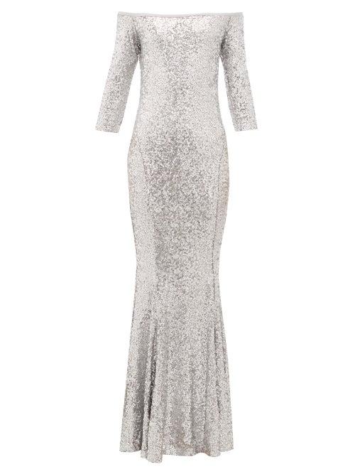 Matchesfashion.com Norma Kamali - Mermaid Hem Off The Shoulder Sequinned Dress - Womens - Silver