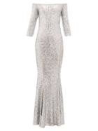 Matchesfashion.com Norma Kamali - Mermaid Hem Off The Shoulder Sequinned Dress - Womens - Silver